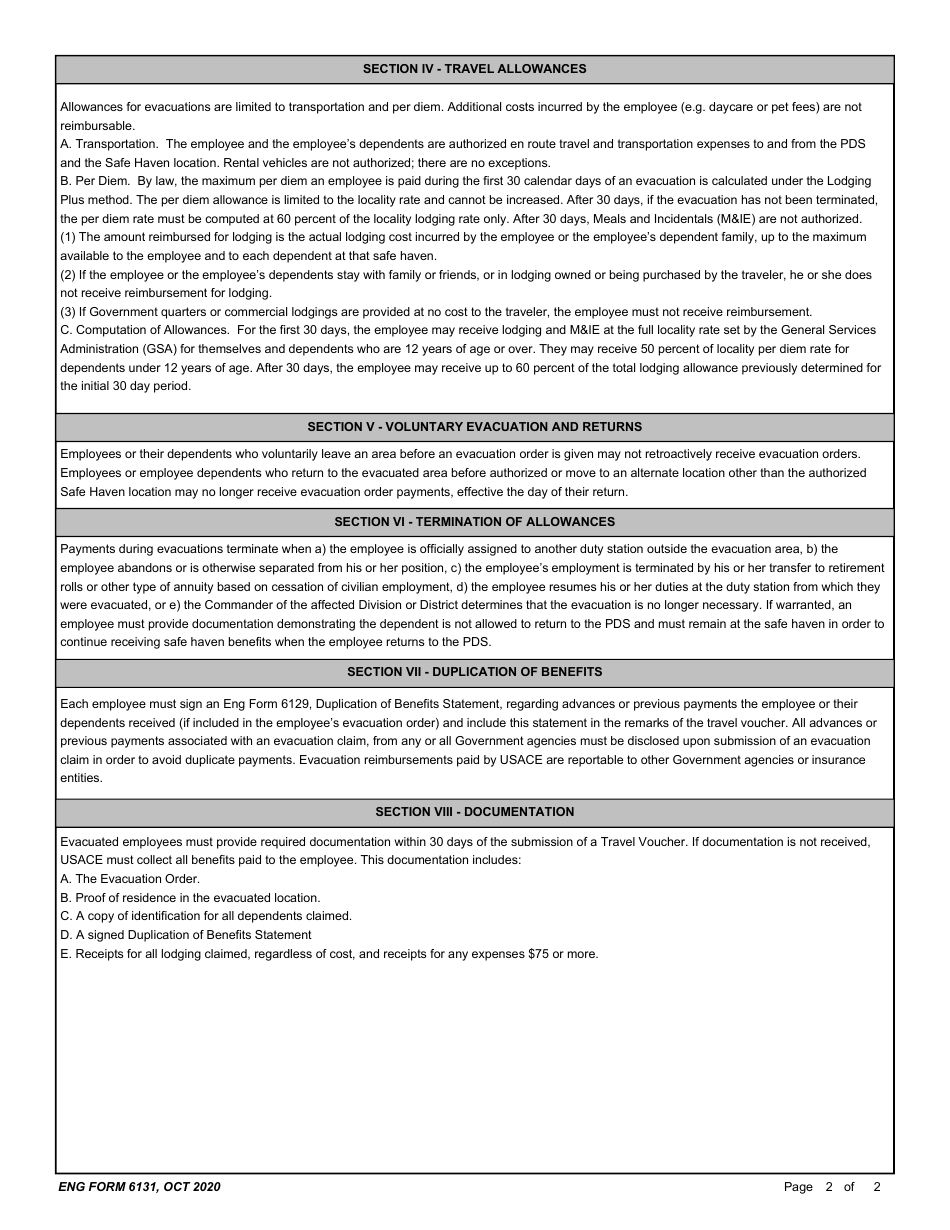 ENG Form 6131 Safe Haven Evacuation Order: Conus and Non-foreign OCONUS Duty Station, Page 2