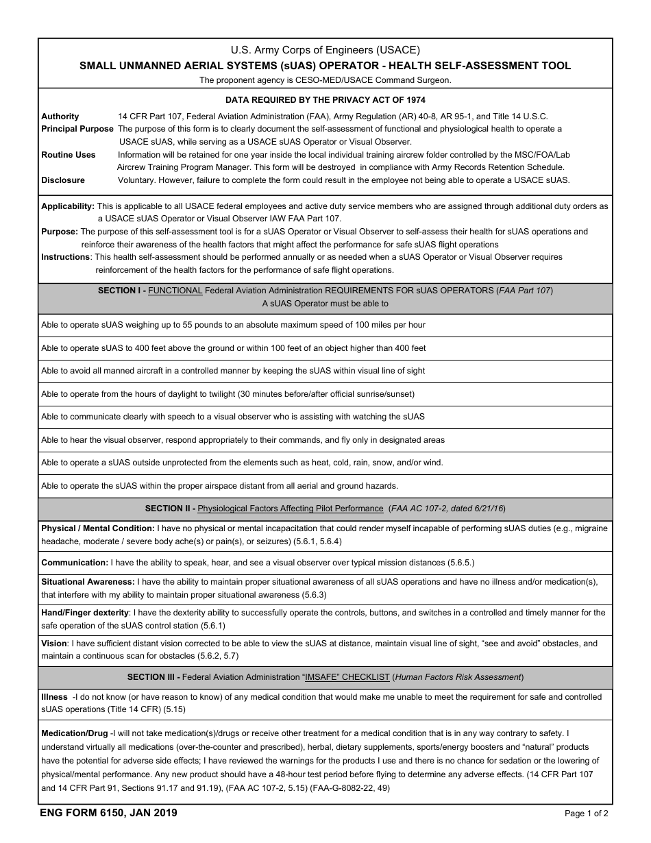 ENG Form 6150 Small Unmanned Aerial Systems (Suas) Operator - Health Self- Assessment Tool, Page 1