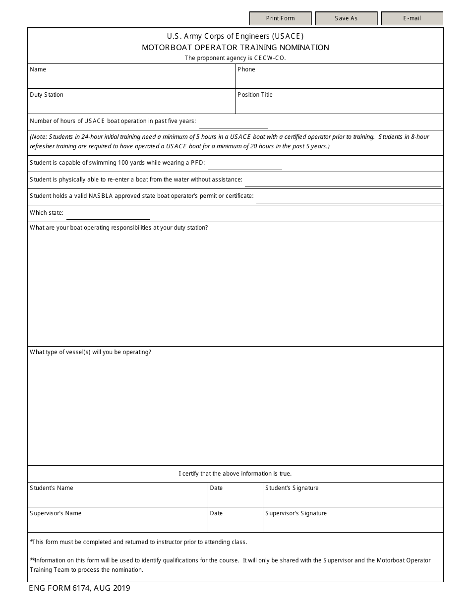 ENG Form 6174 Motorboat Operator Training Nomination, Page 1
