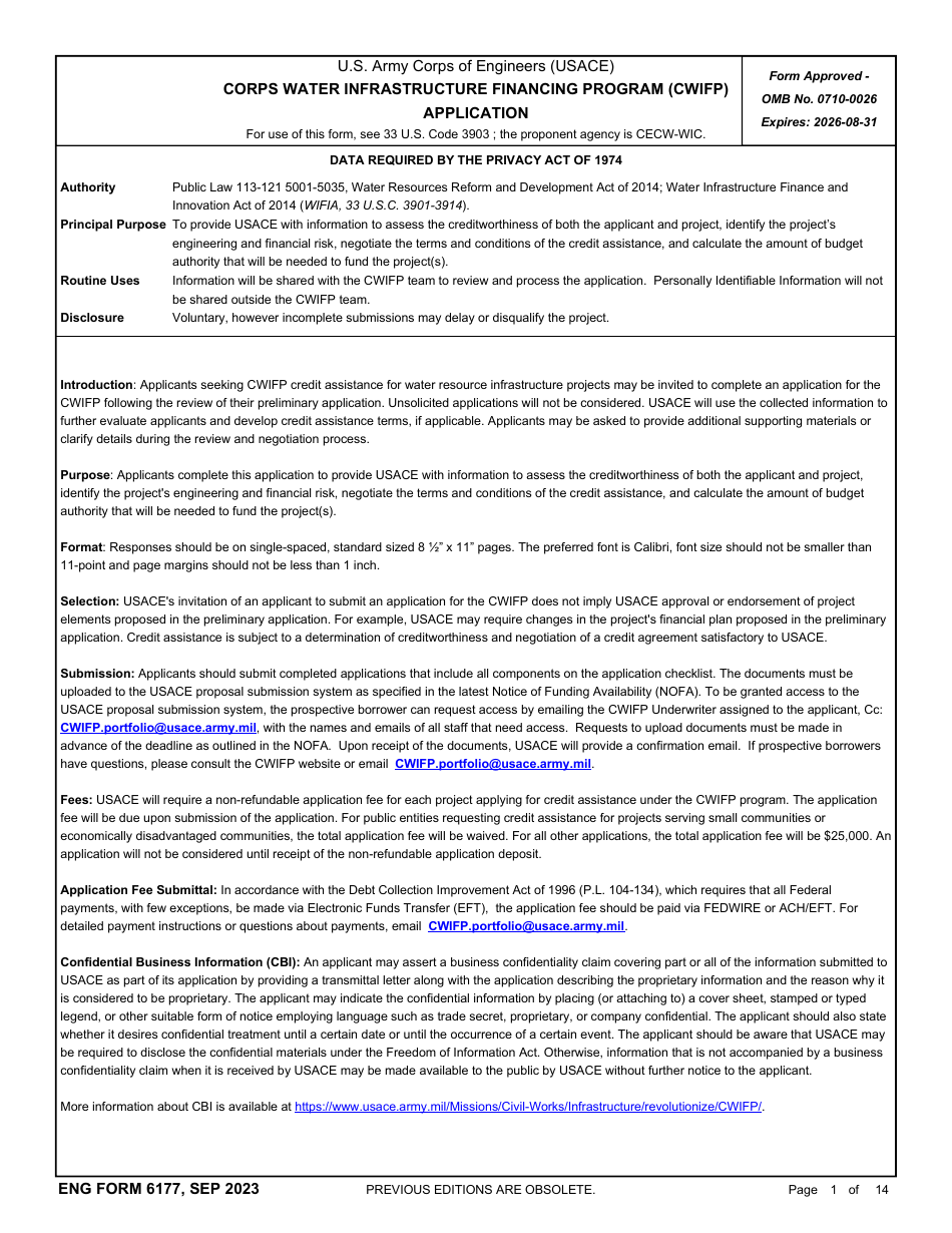 ENG Form 6177 Corps Water Infrastructure Financing Program (Cwifp) Application, Page 1