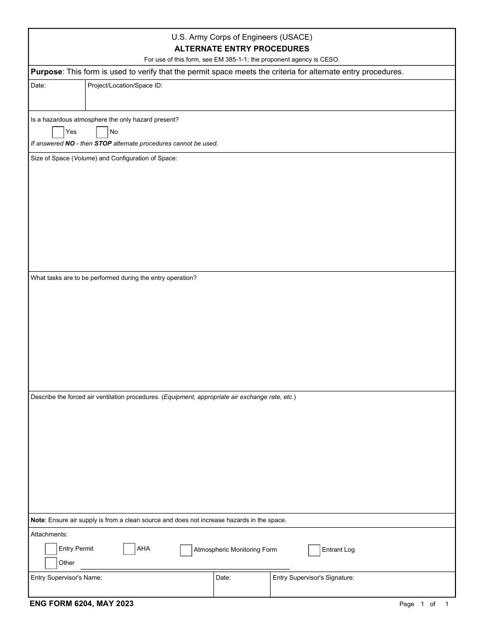 ENG Form 6204 Alternate Entry Procedures, Page 1