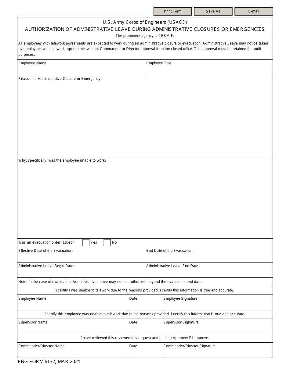 ENG Form 6132 Authorization of Administrative Leave During Administrative Closures or Emergencies, Page 1