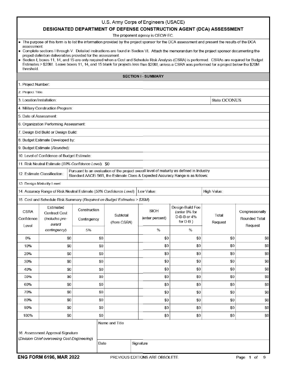 ENG Form 6196 Designated Department of Defense Construction Agent (Dca) Assessment, Page 1
