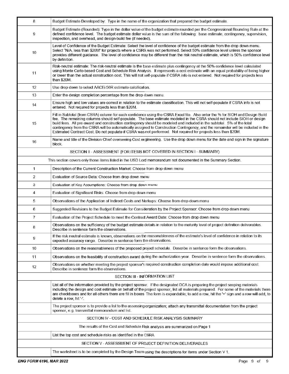 ENG Form 6196 Designated Department of Defense Construction Agent (Dca) Assessment, Page 9