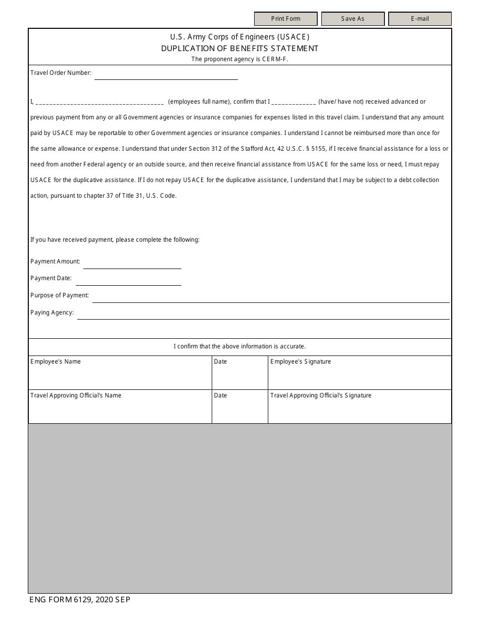 ENG Form 6129 Duplication of Benefits Statement, Page 1