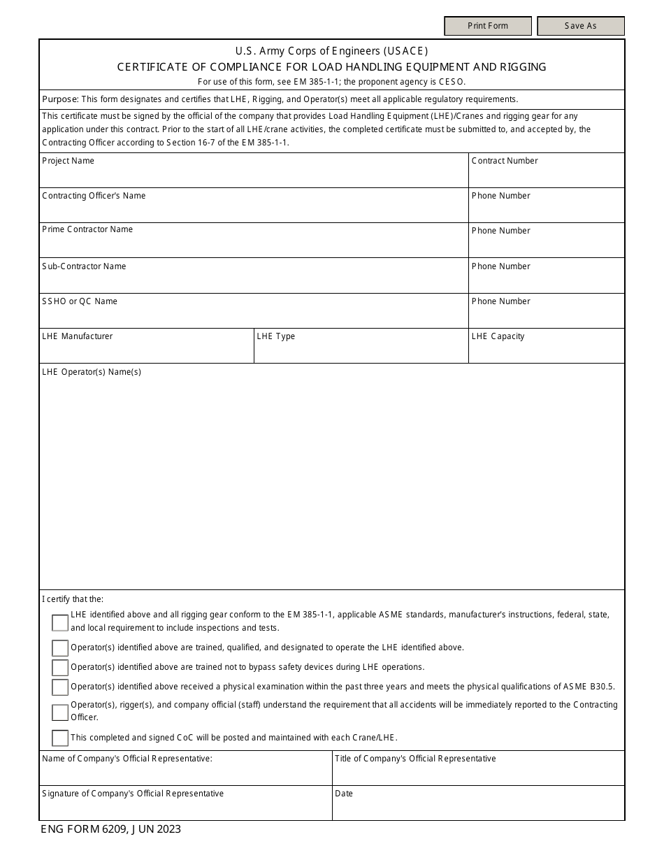 ENG Form 6209 Certificate of Compliance for Load Handling Equipment and Rigging, Page 1
