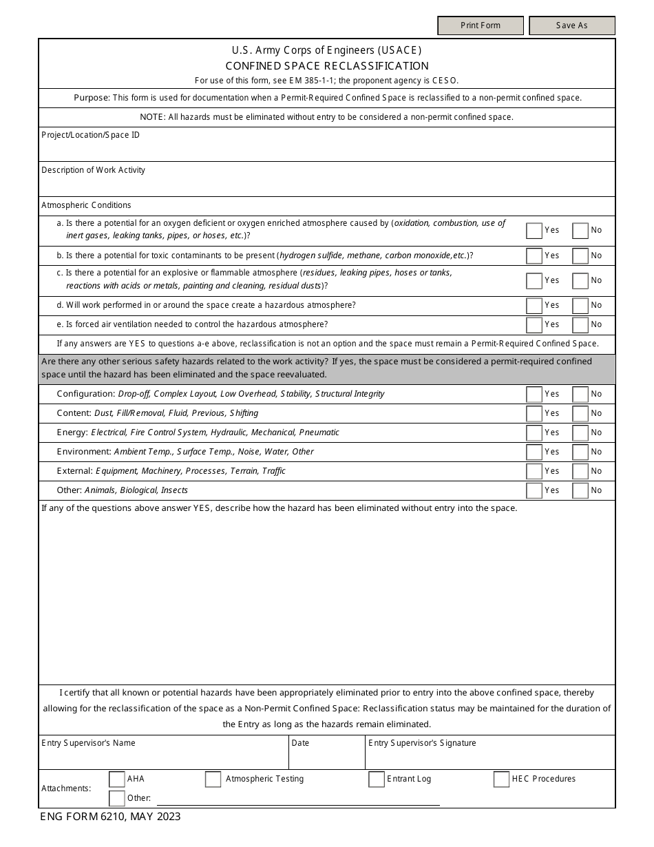 ENG Form 6210 Confined Space Reclassification, Page 1