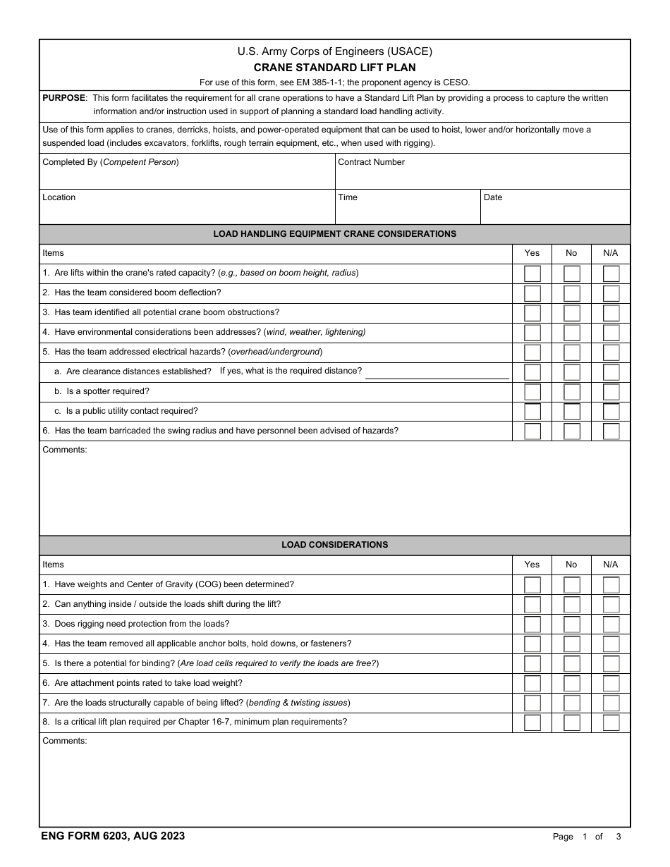 ENG Form 6203 Crane Standard Lift Plan, Page 1