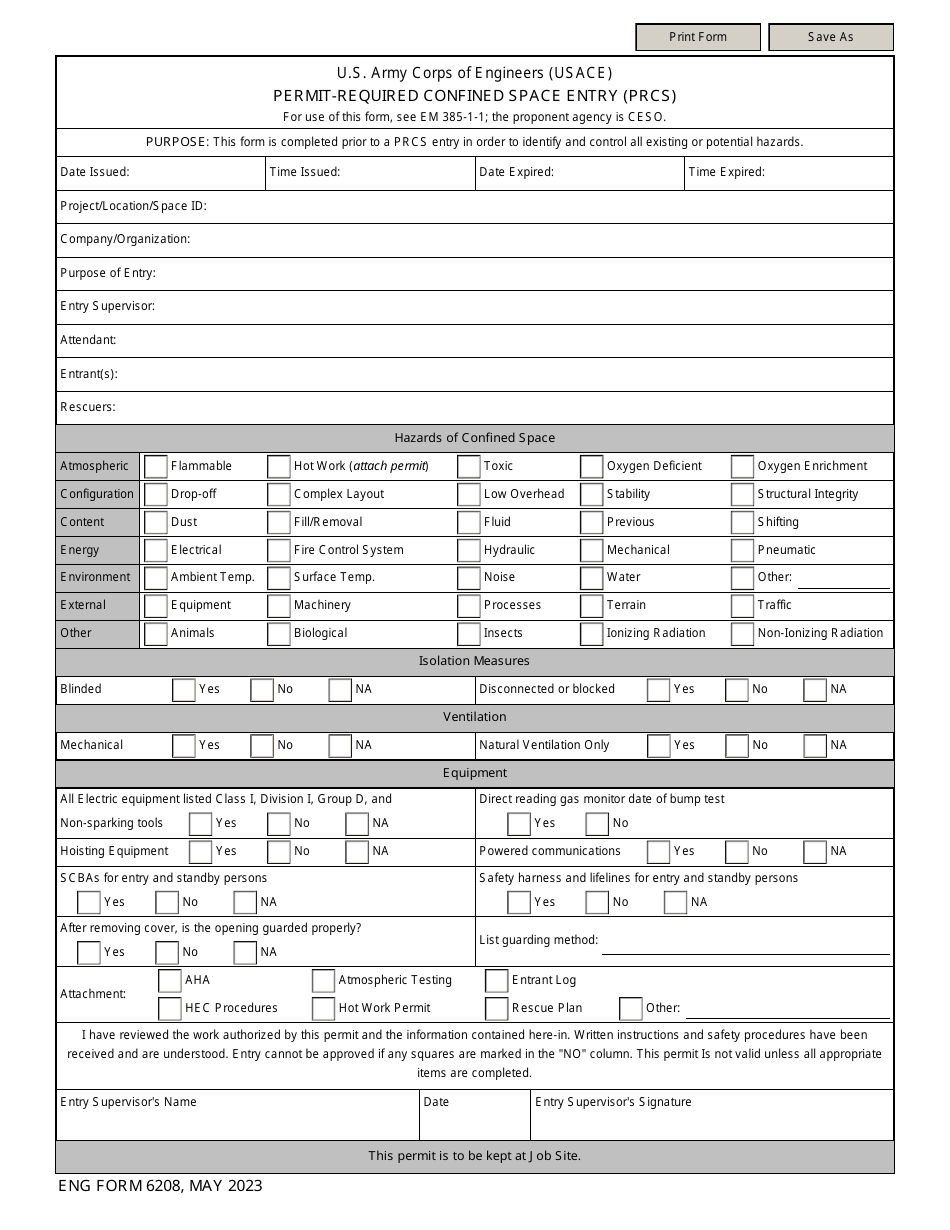 ENG Form 6208 Permit-Required Confined Space Entry (Prcs), Page 1