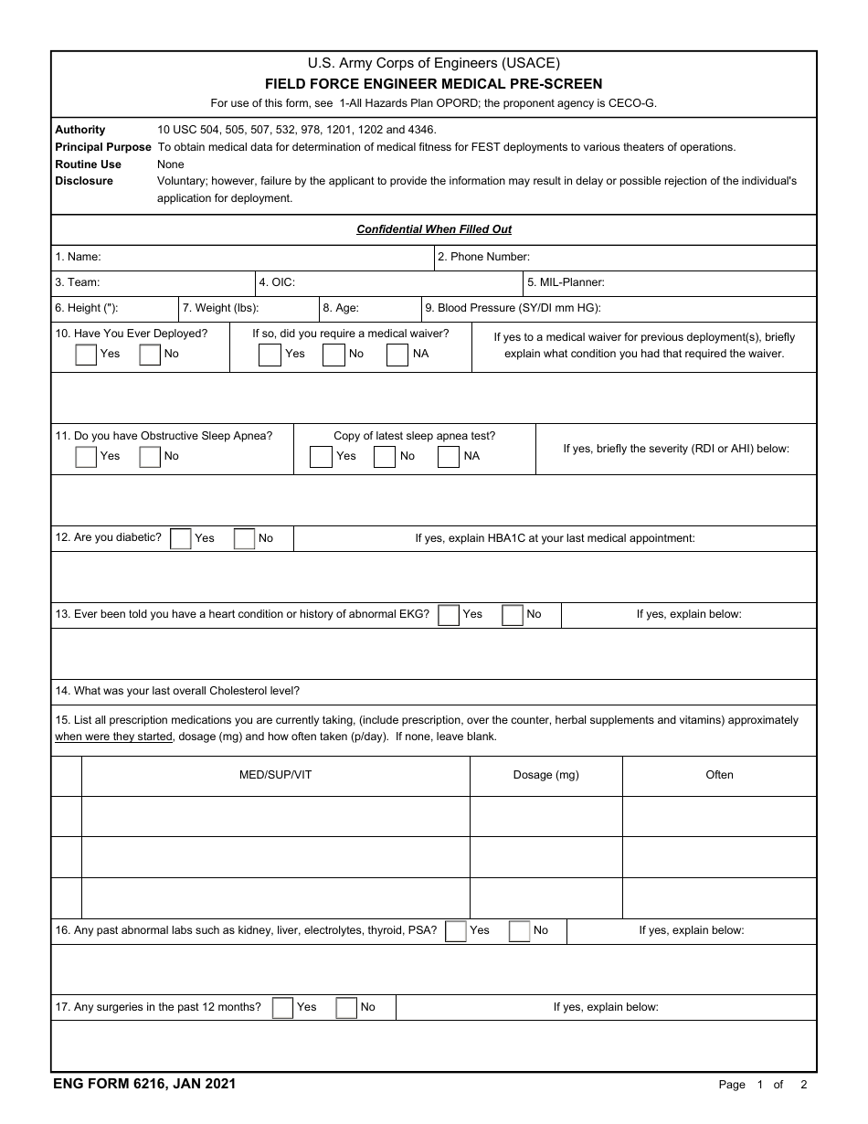 ENG Form 6216 Field Force Engineer Medical Pre-screen, Page 1