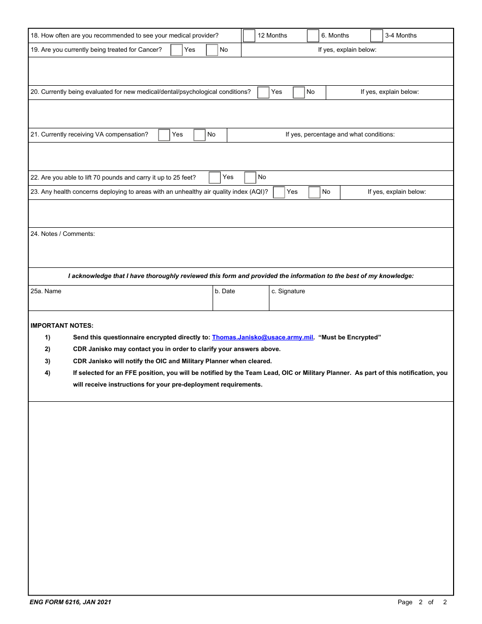 ENG Form 6216 Field Force Engineer Medical Pre-screen, Page 2