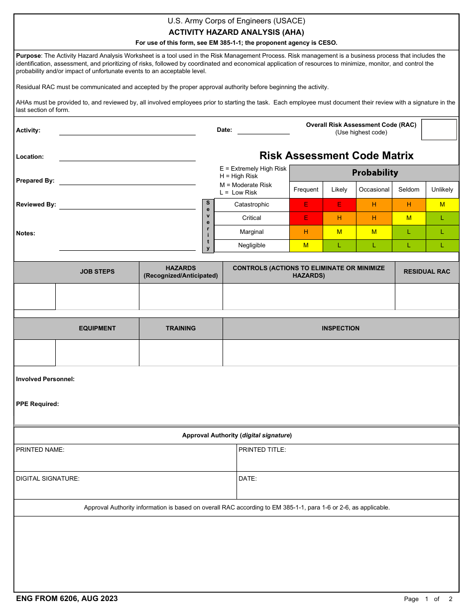 ENG Form 6206 Activity Hazard Analysis (Aha), Page 1