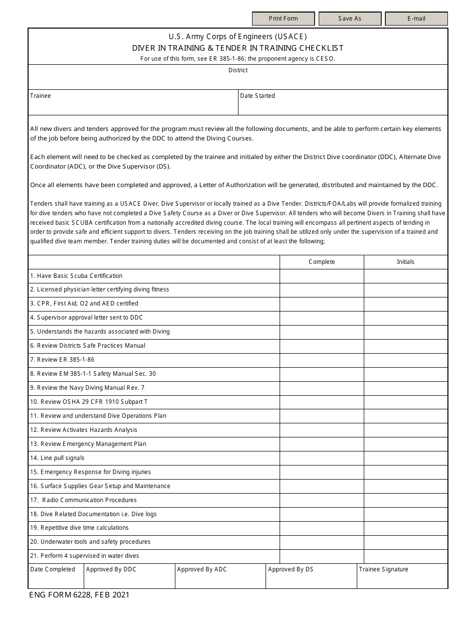 ENG Form 6228 Diver in Training  Tender in Training Checklist, Page 1