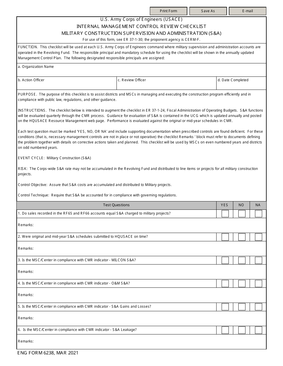 ENG Form 6238 Internal Management Control Review Checklist - Military Construction Supervision and Administration (Sa), Page 1