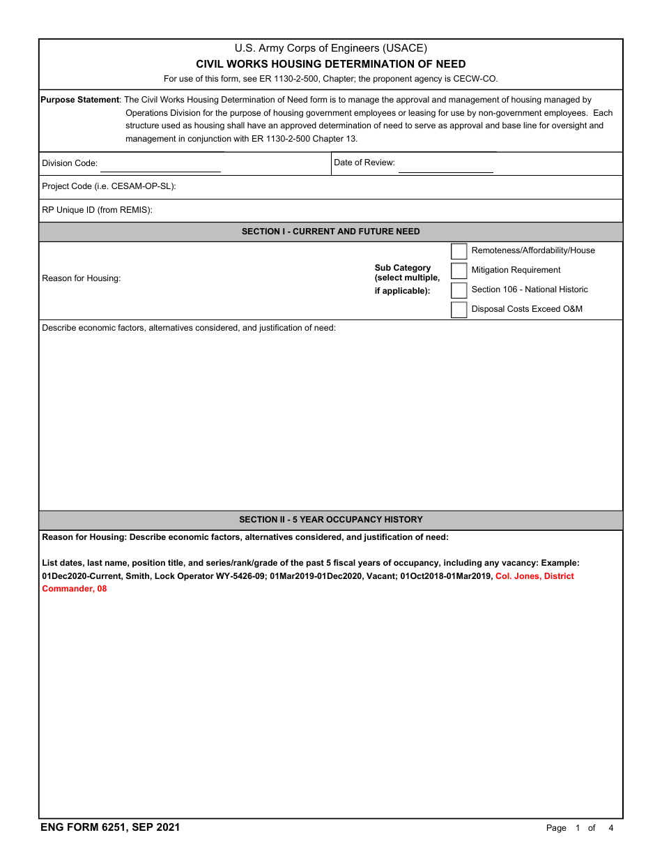 ENG Form 6251 The Civil Works Housing Determination of Need, Page 1