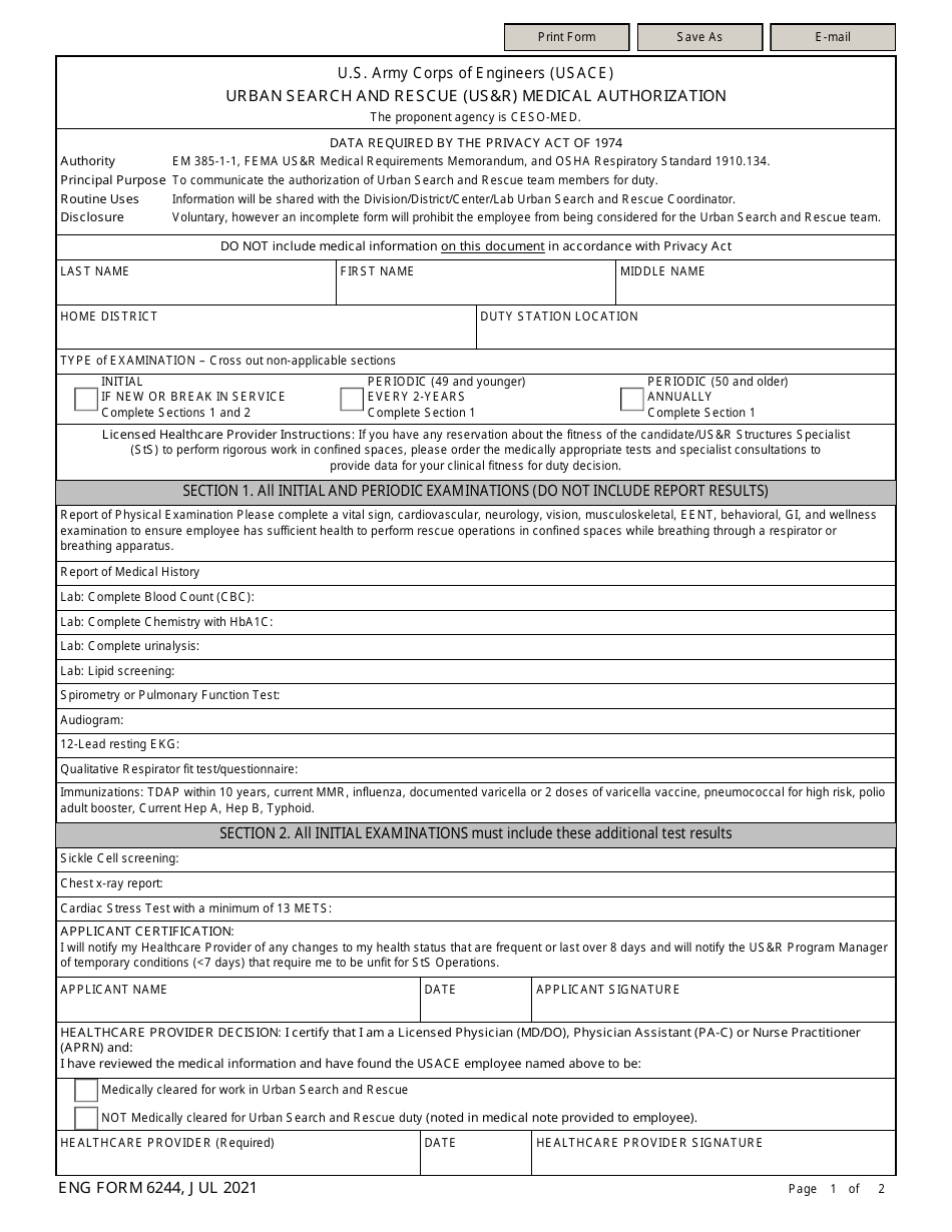ENG Form 6244 Urban Search and Rescue (USr) Medical Authorization, Page 1