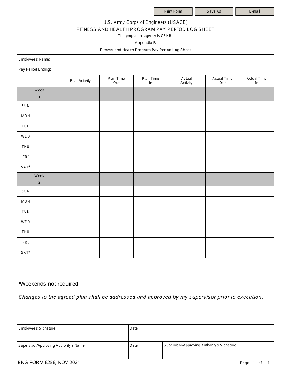 ENG Form 6257 Appendix B Fitness and Health Program Pay Period Log Sheet, Page 1