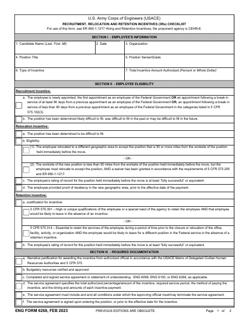 ENG Form 6268 Recruitment, Relocation and Retention Incentives (3rs) Checklist