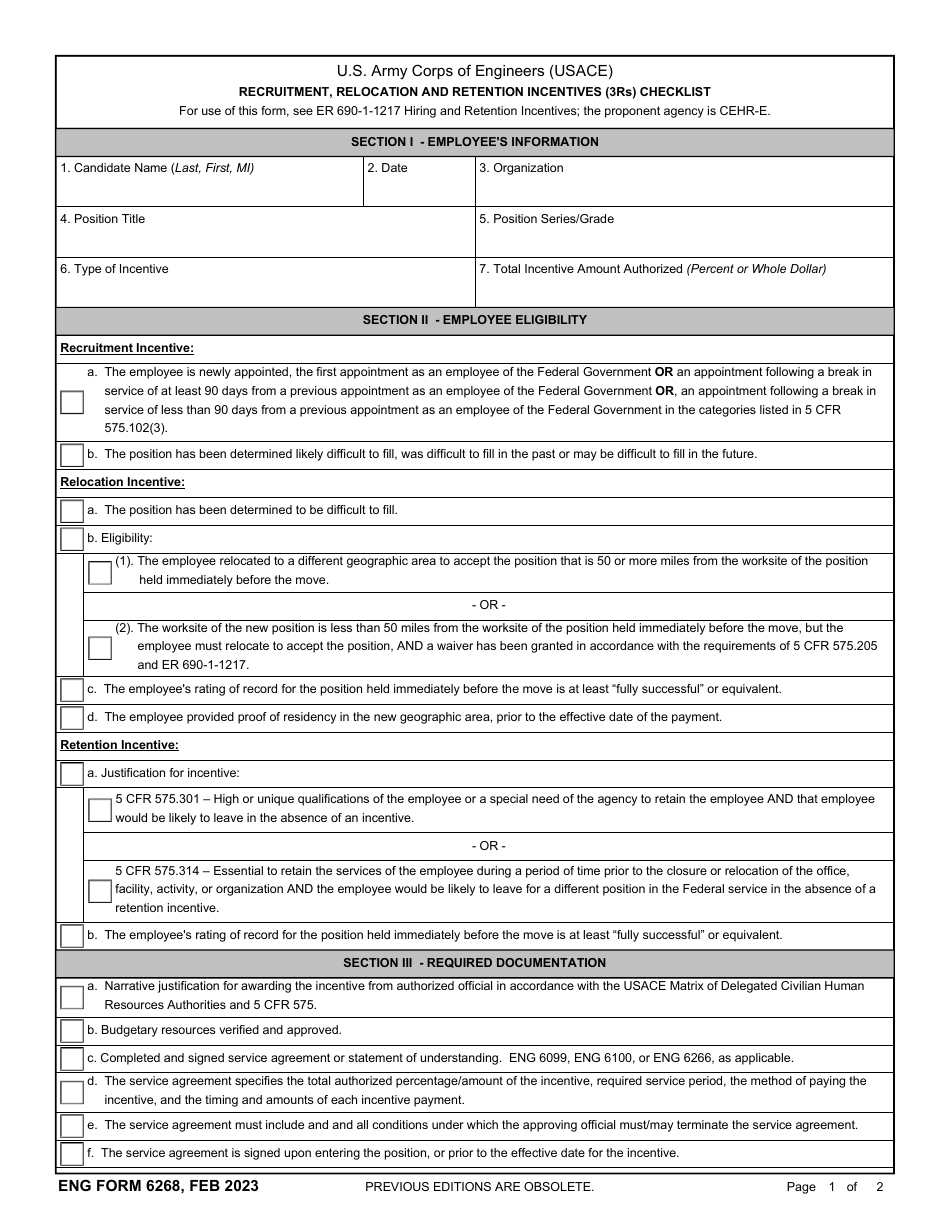 ENG Form 6268 Recruitment, Relocation and Retention Incentives (3rs) Checklist, Page 1
