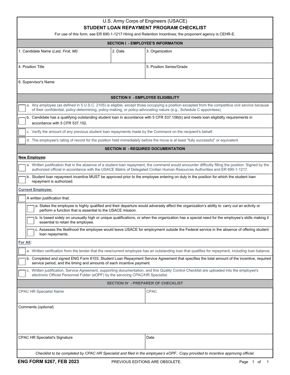 ENG Form 6267 Student Loan Repayment Program Checklist, Page 1