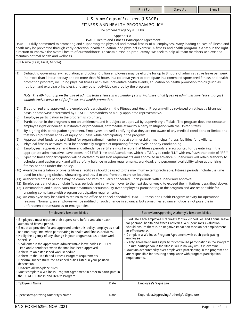 ENG Form 6256 Fitness and Health Program Policy, Page 1