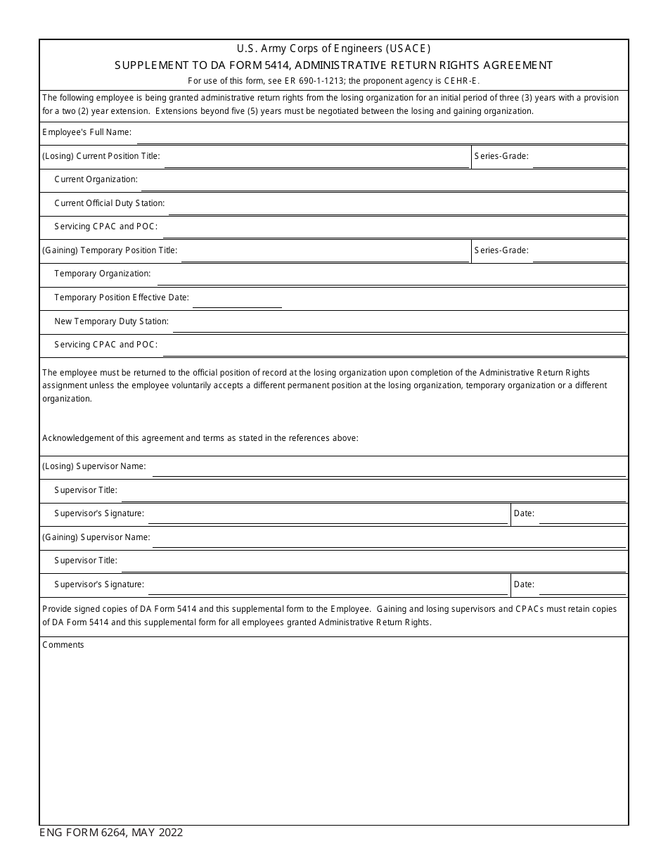 ENG Form 6264 Supplement to DA Form 5414, Administrative Return Rights Agreement, Page 1