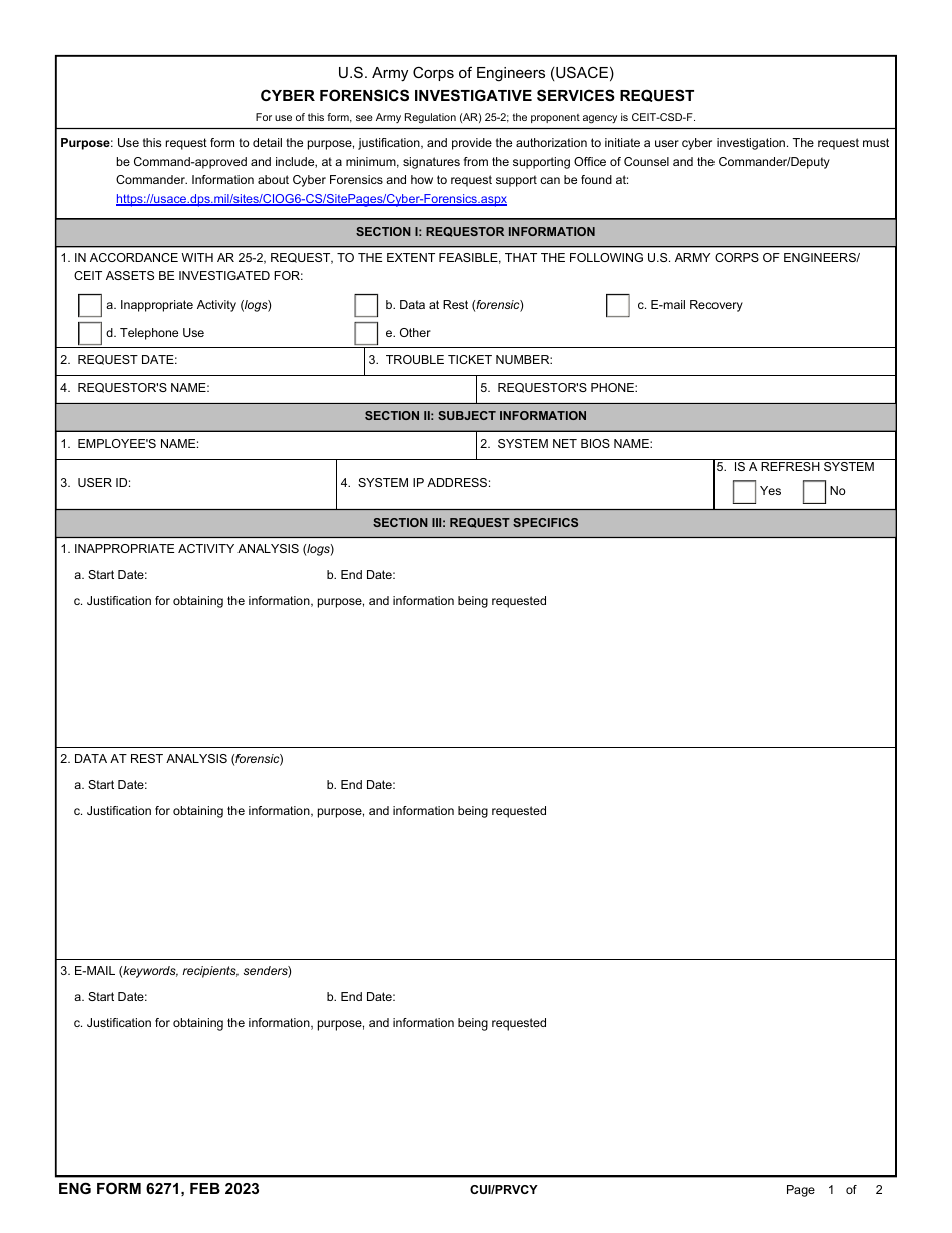 ENG Form 6271 Cyber Forensics Investigative Services Request, Page 1