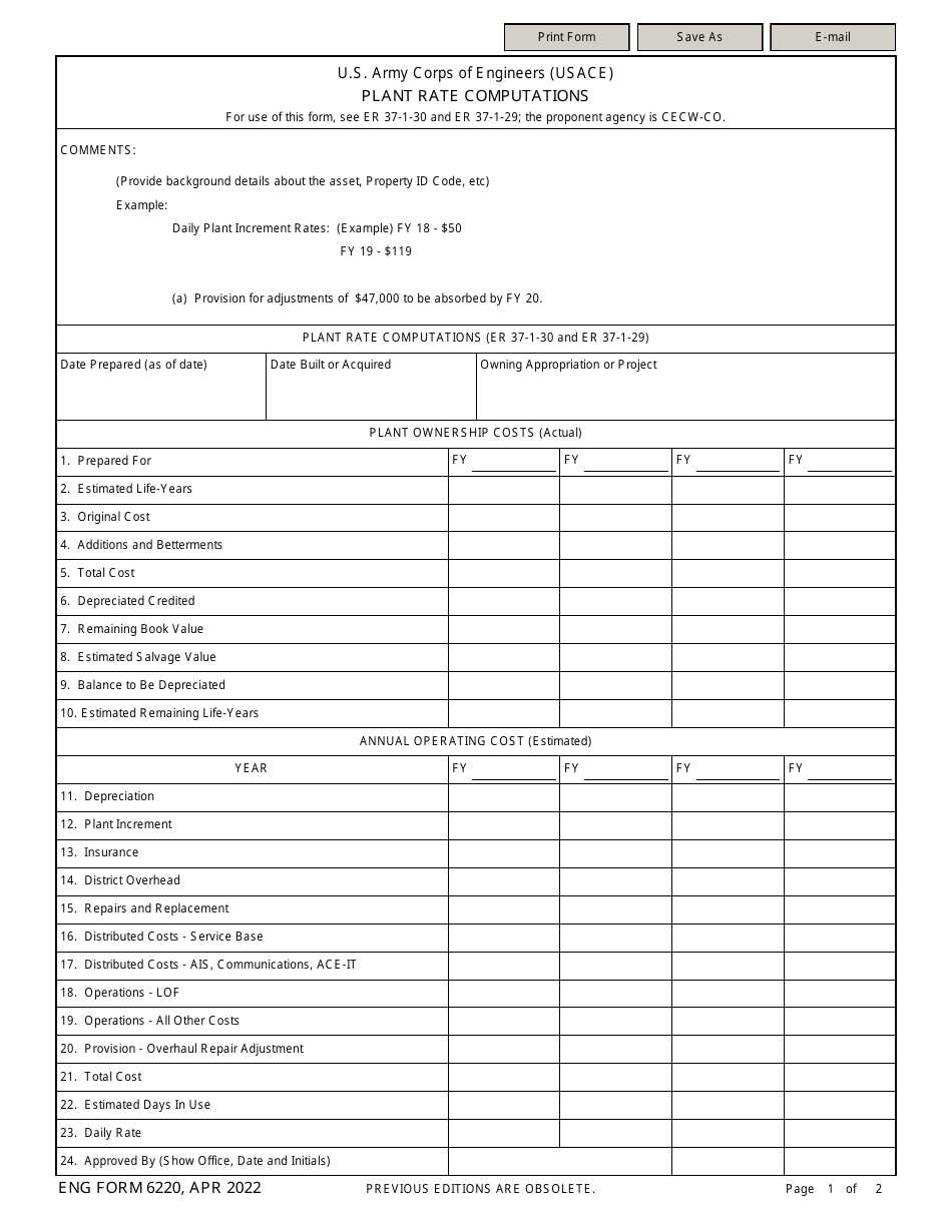 ENG Form 6220 Plant Rate Computations, Page 1