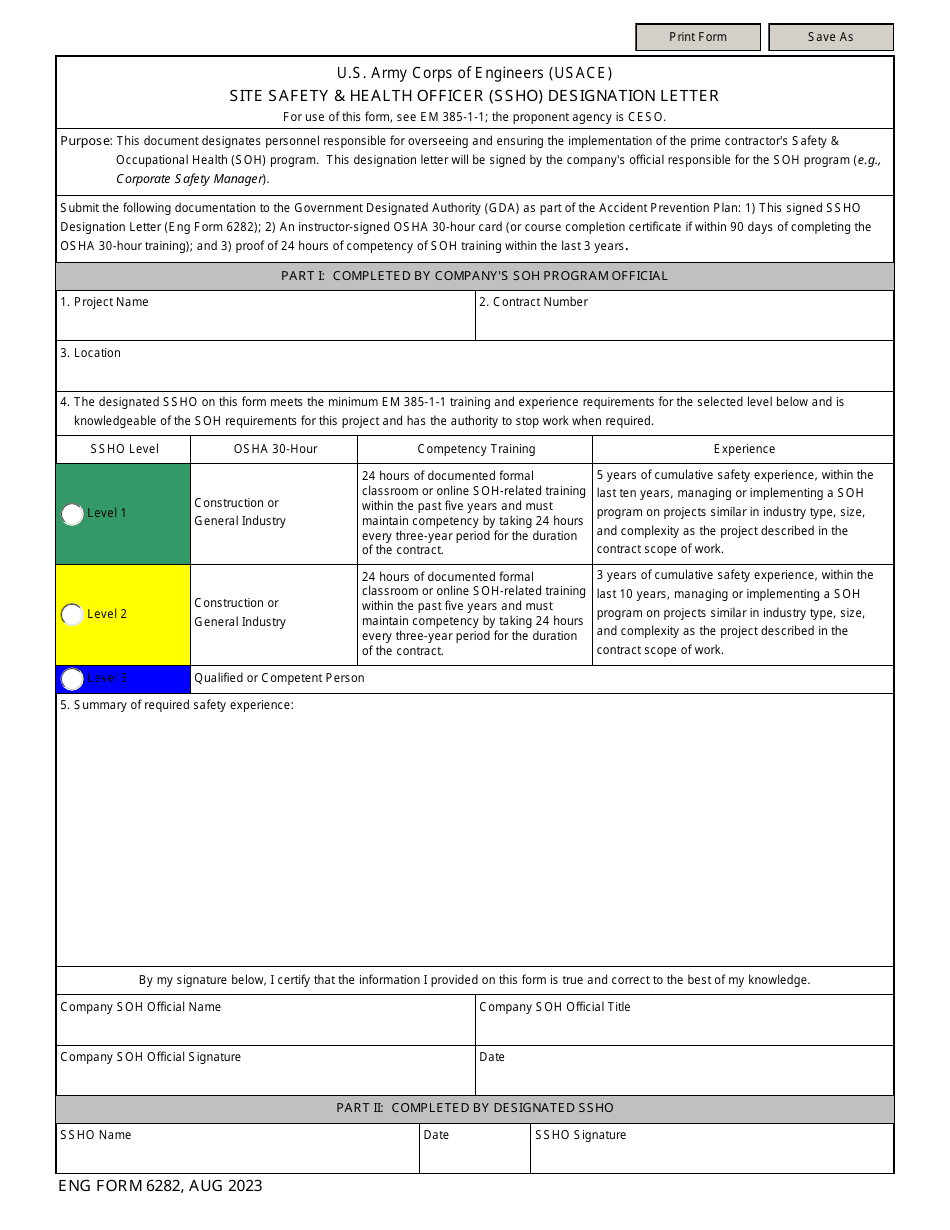 ENG Form 6282 Site Safety  Health Officer (Ssho) Designation Letter, Page 1