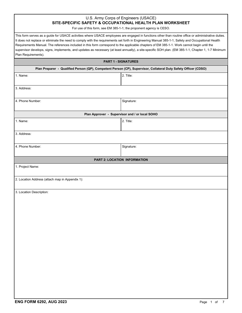 ENG Form 6292 Site-Specific Safety  Occupational Health Plan Worksheet, Page 1