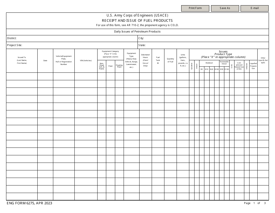 ENG Form 6275 Receipt and Issue of Fuel Products, Page 1