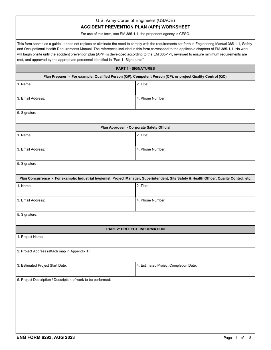 ENG Form 6293 Accident Prevention Plan (App) Worksheet, Page 1