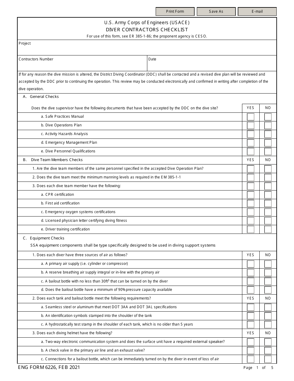ENG Form 6226 Diver Contractors Checklist, Page 1