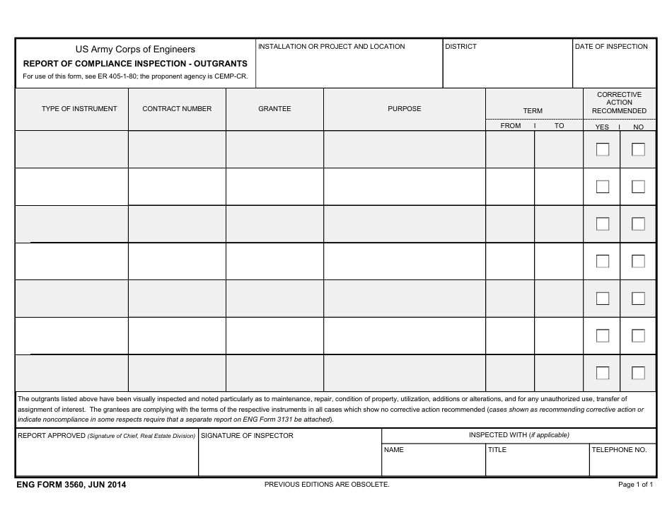 ENG Form 3560 Report of Compliance Inspection - Outgrants, Page 1