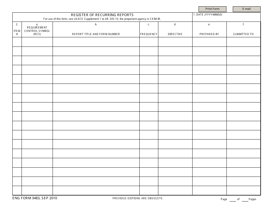 ENG Form 3483 Register of Recurring Reports, Page 1
