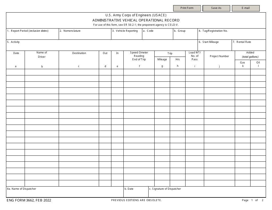 ENG Form 3662 Administrative Vehical Operational Record, Page 1