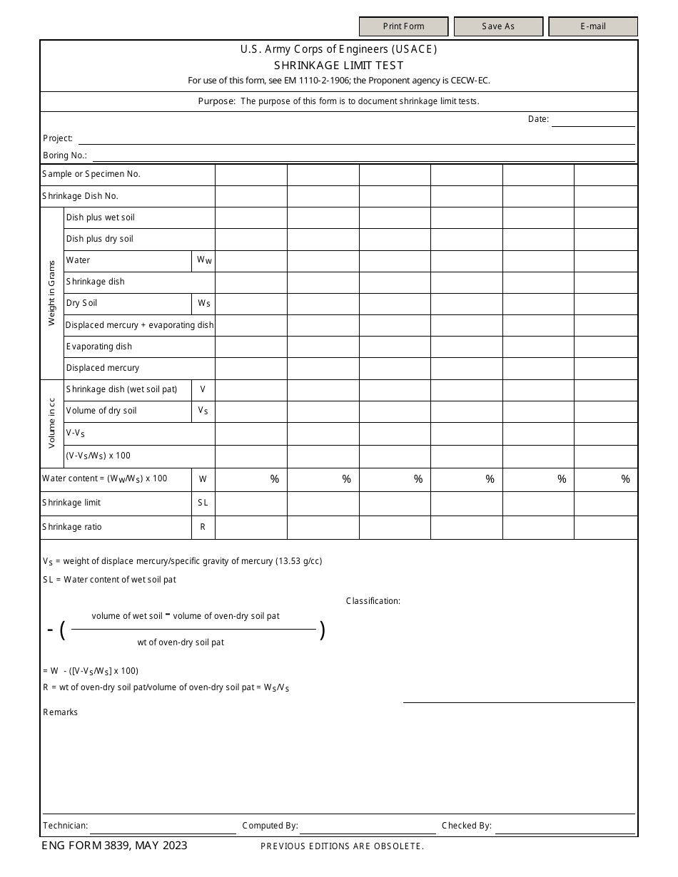 ENG Form 3839 Shrinkage Limit Test, Page 1