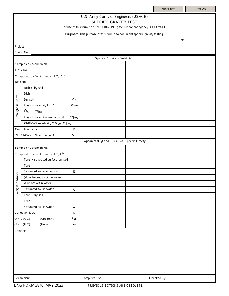 ENG Form 3840 Specific Gravity Test, Page 1