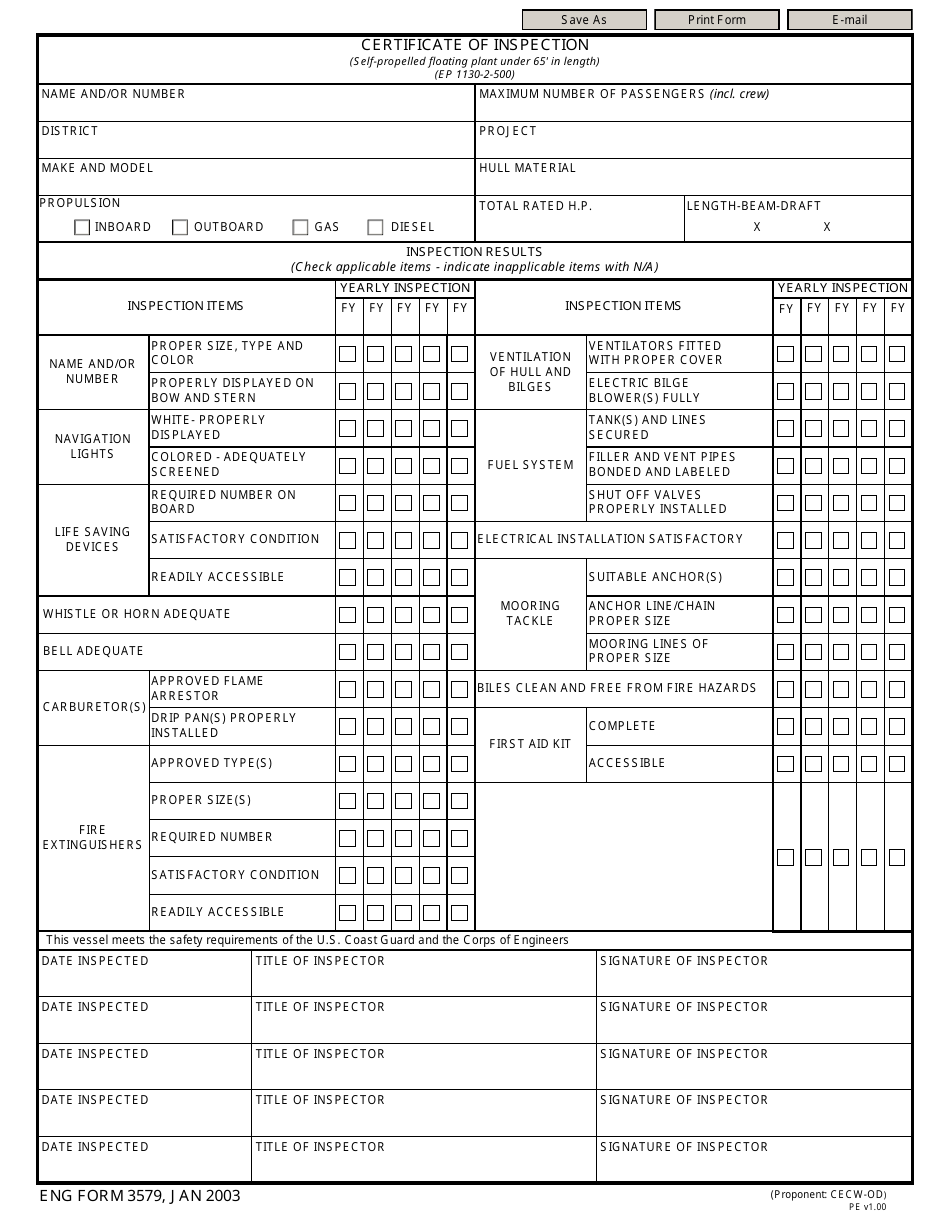 ENG Form 3579 Certificate of Inspection (Self-propelled Floating Plant Under 65 in Length), Page 1