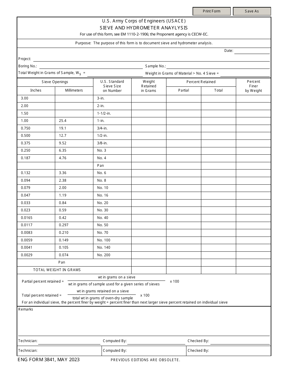 ENG Form 3841 Sieve and Hydrometer Anaylysis, Page 1