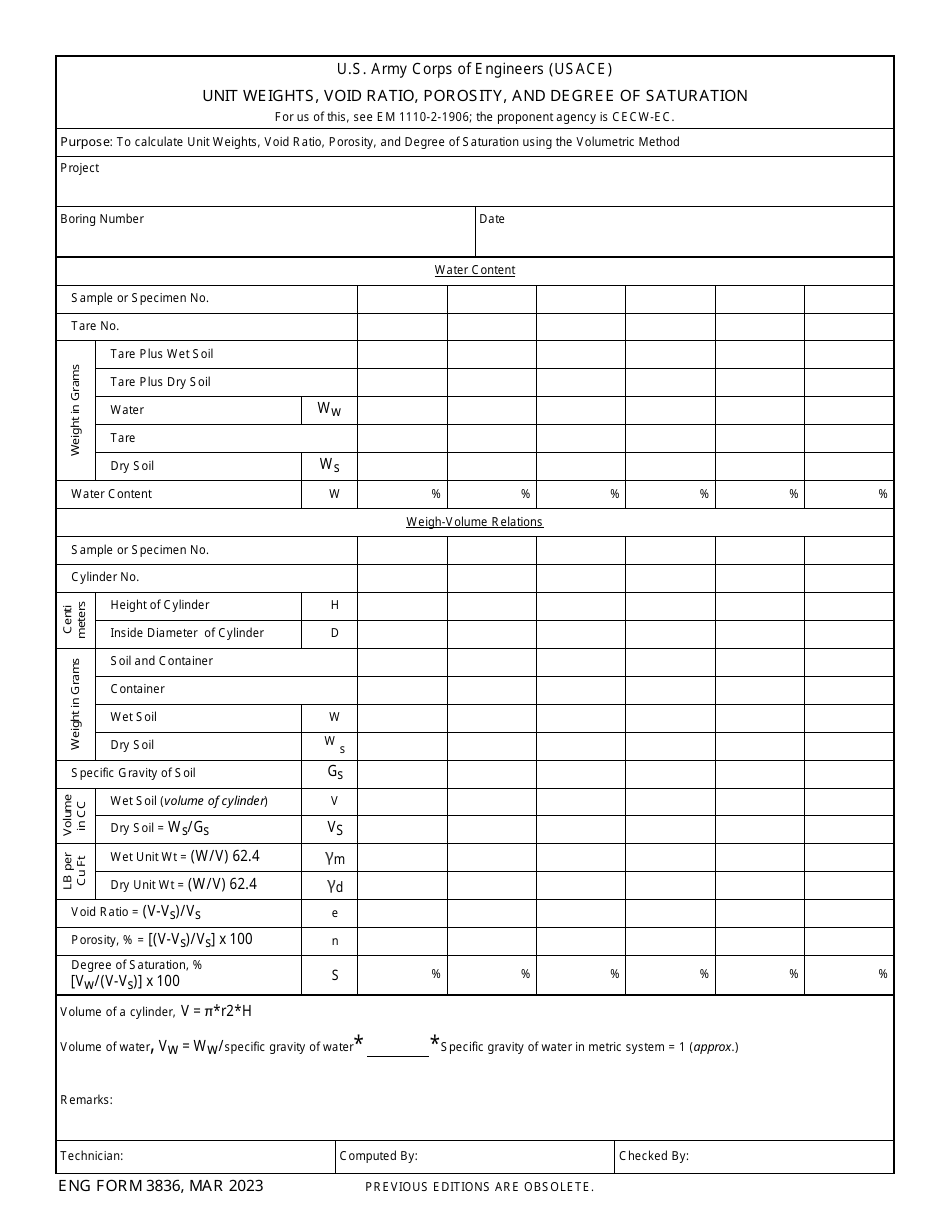 ENG Form 3836 Unit Weights, Void Ratio, Porosity, and Degree of Saturation, Page 1
