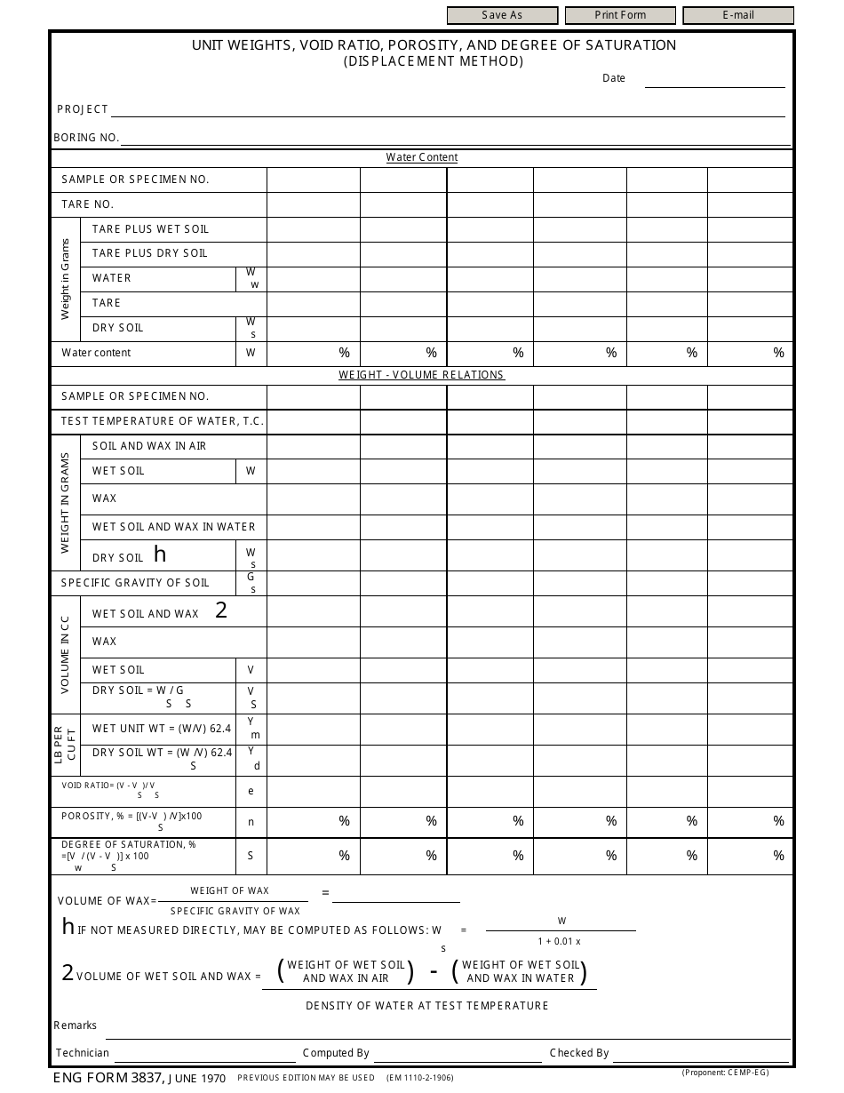 ENG Form 3837 Unit Weights, Void Ratio, Porosity, and Degree of Saturation (Displacement Method), Page 1