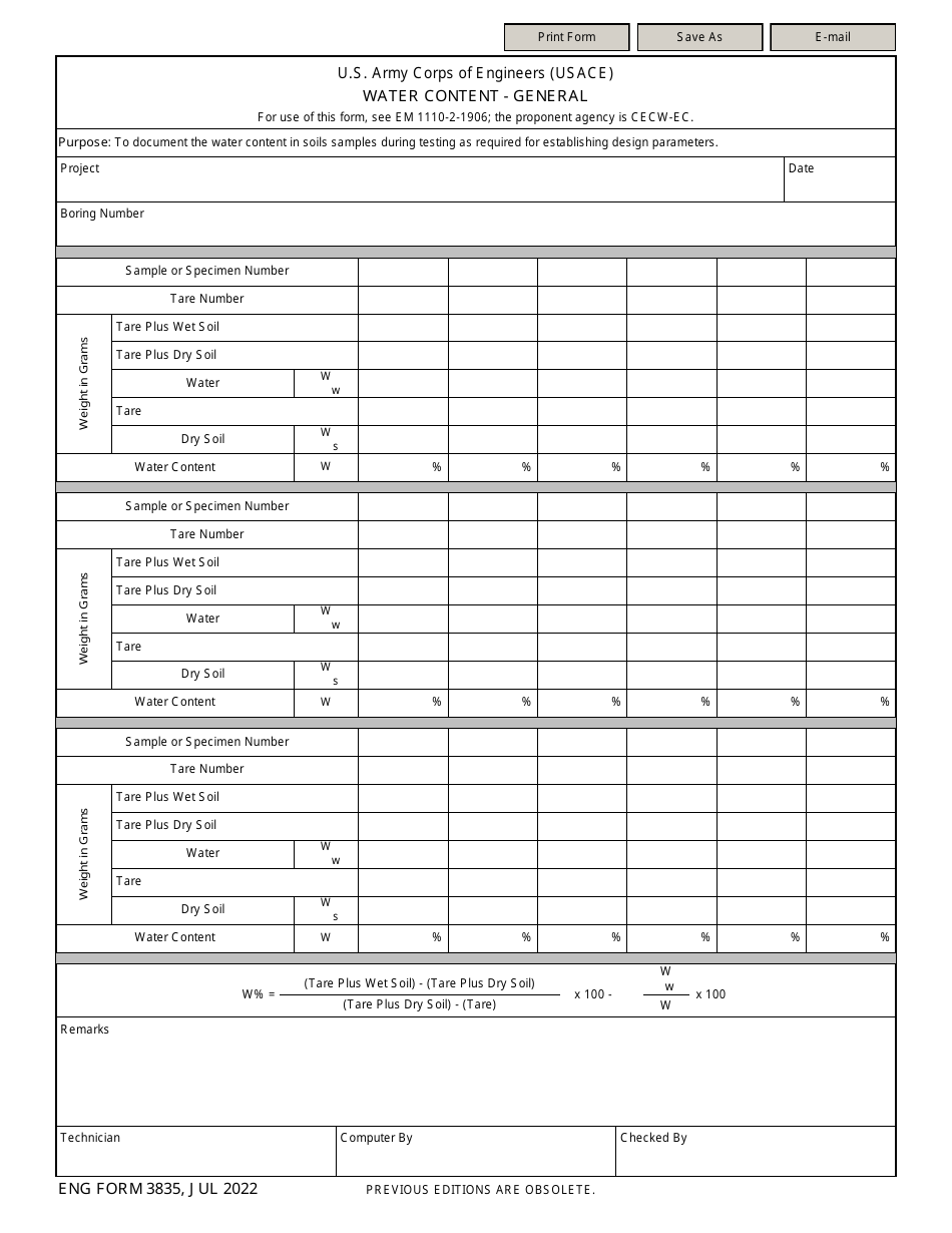 ENG Form 3835 Water Content - General, Page 1