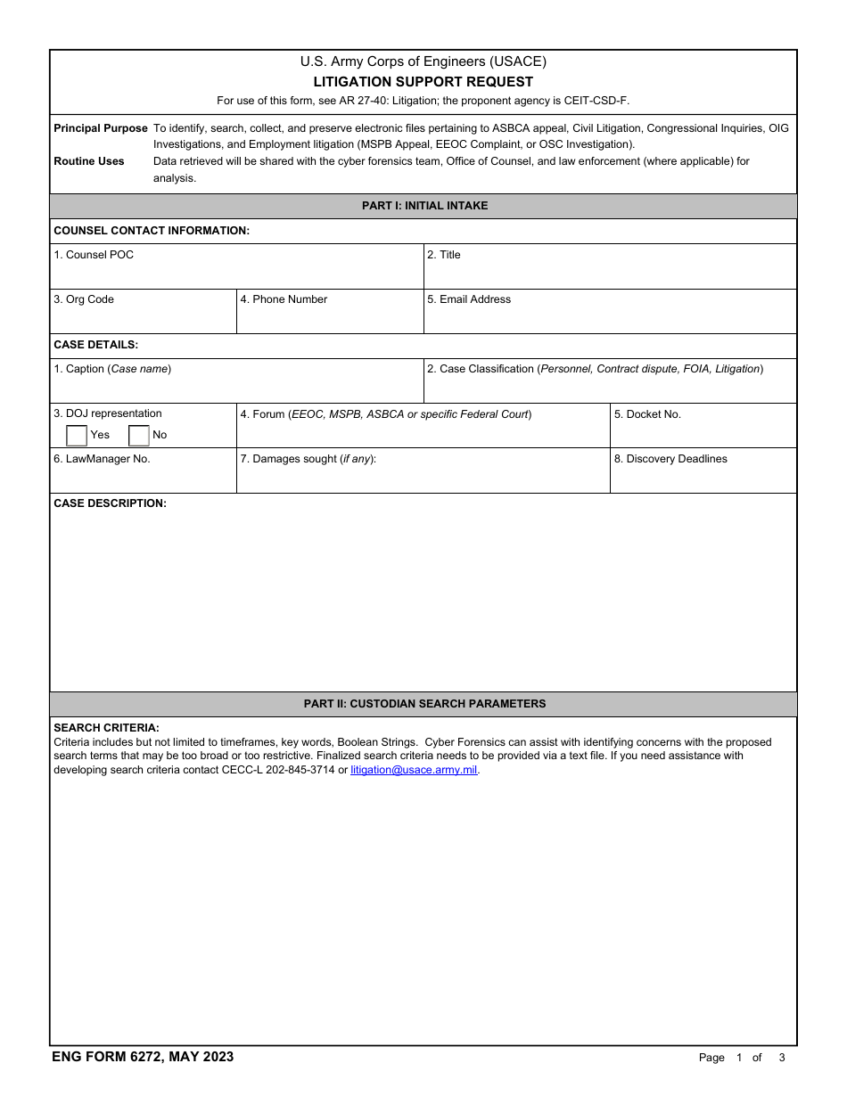 ENG Form 6272 Litigation Support Request, Page 1