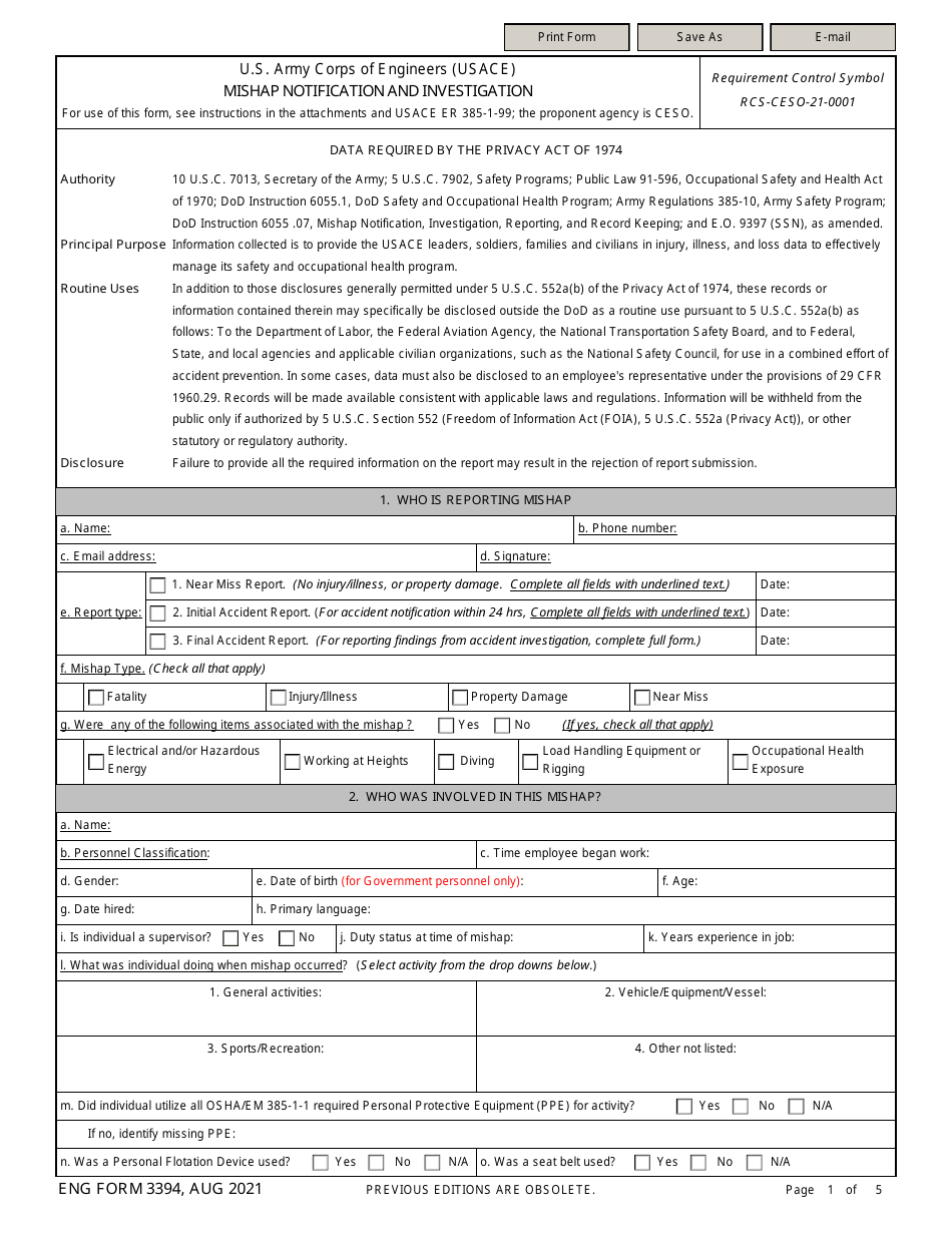 ENG Form 3394 Mishap Notification and Investigation, Page 1