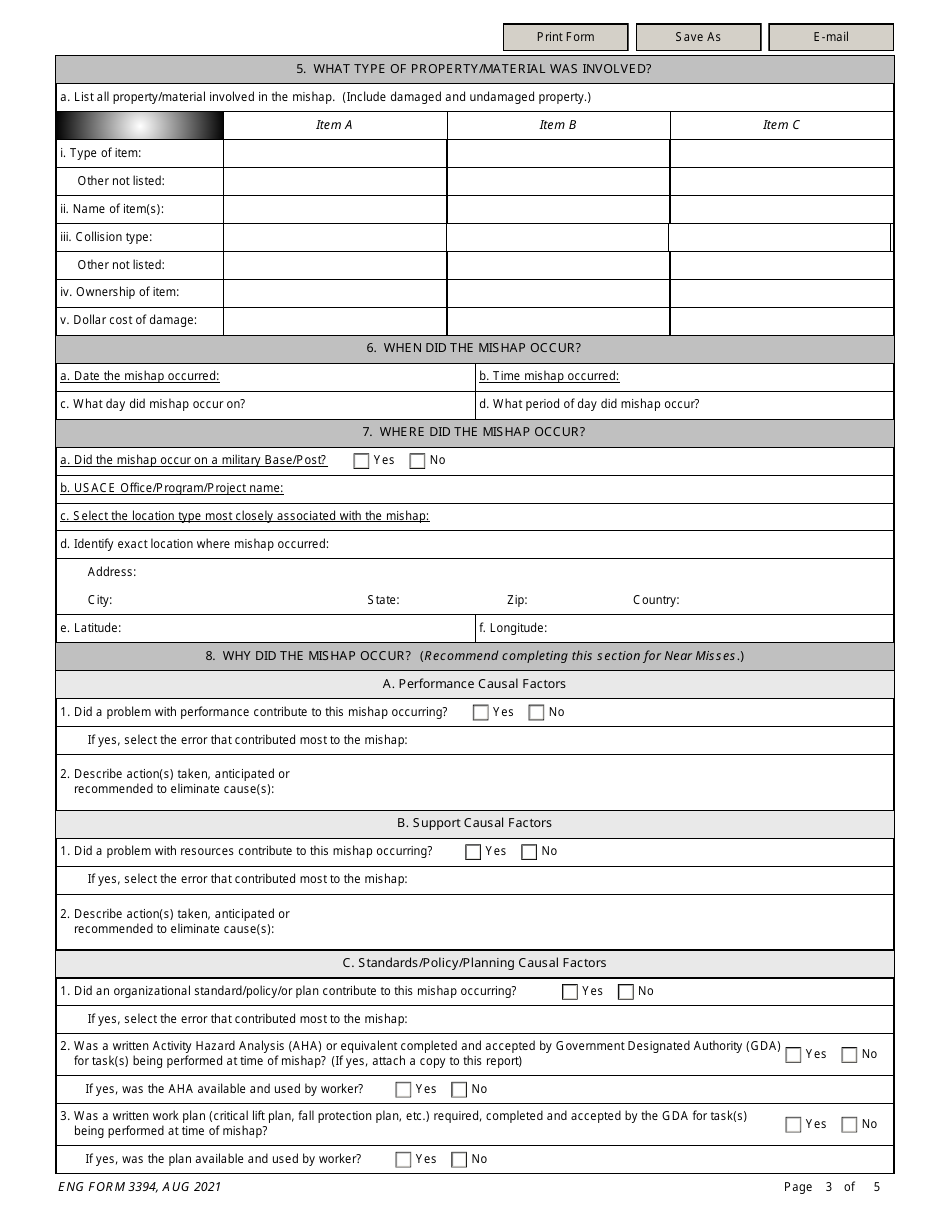 ENG Form 3394 Mishap Notification and Investigation, Page 3