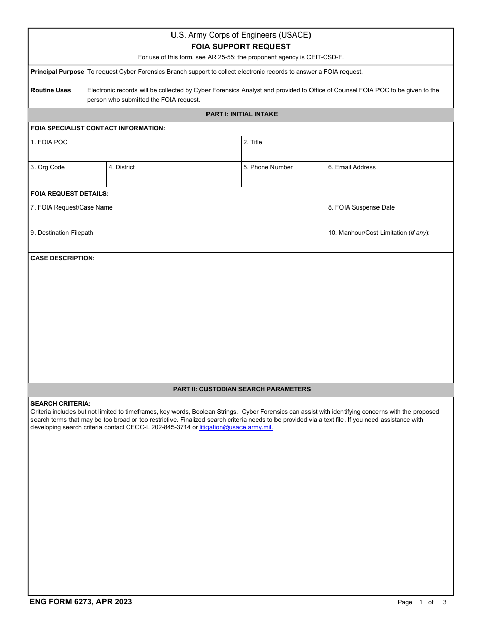 ENG Form 6273 Foia Support Request, Page 1