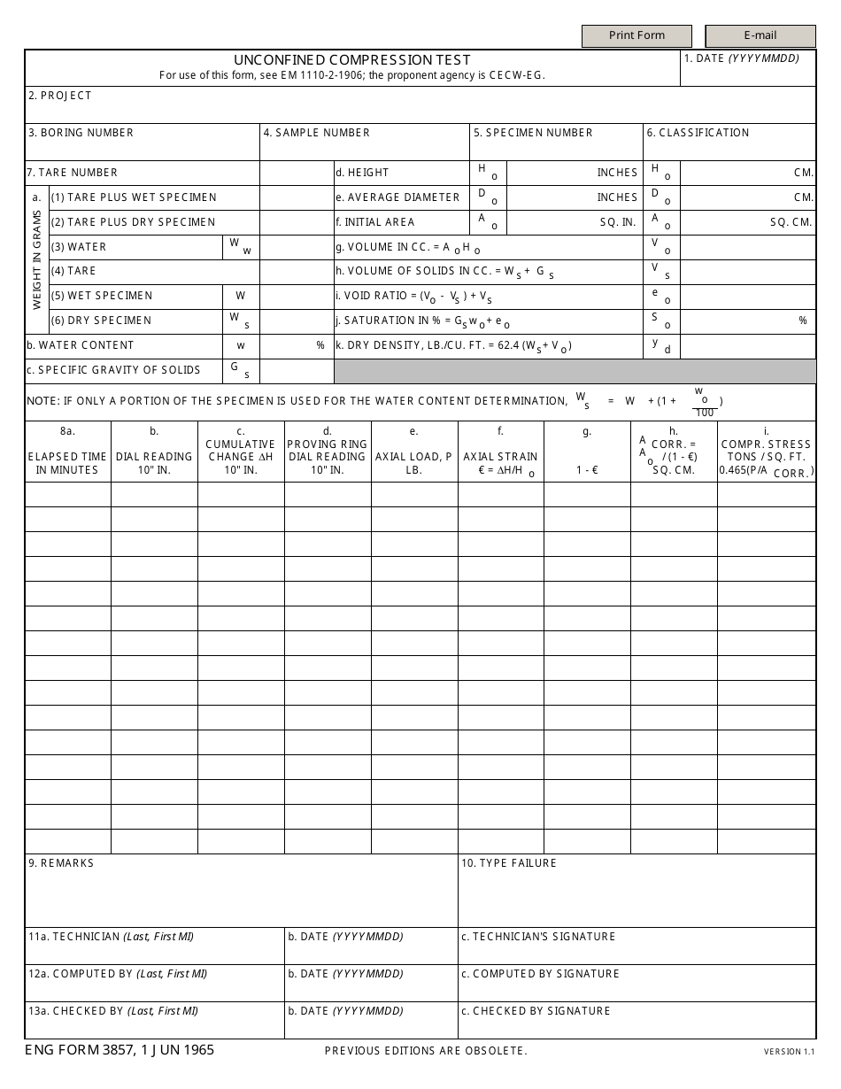 ENG Form 3857 Unconfined Compression Test, Page 1