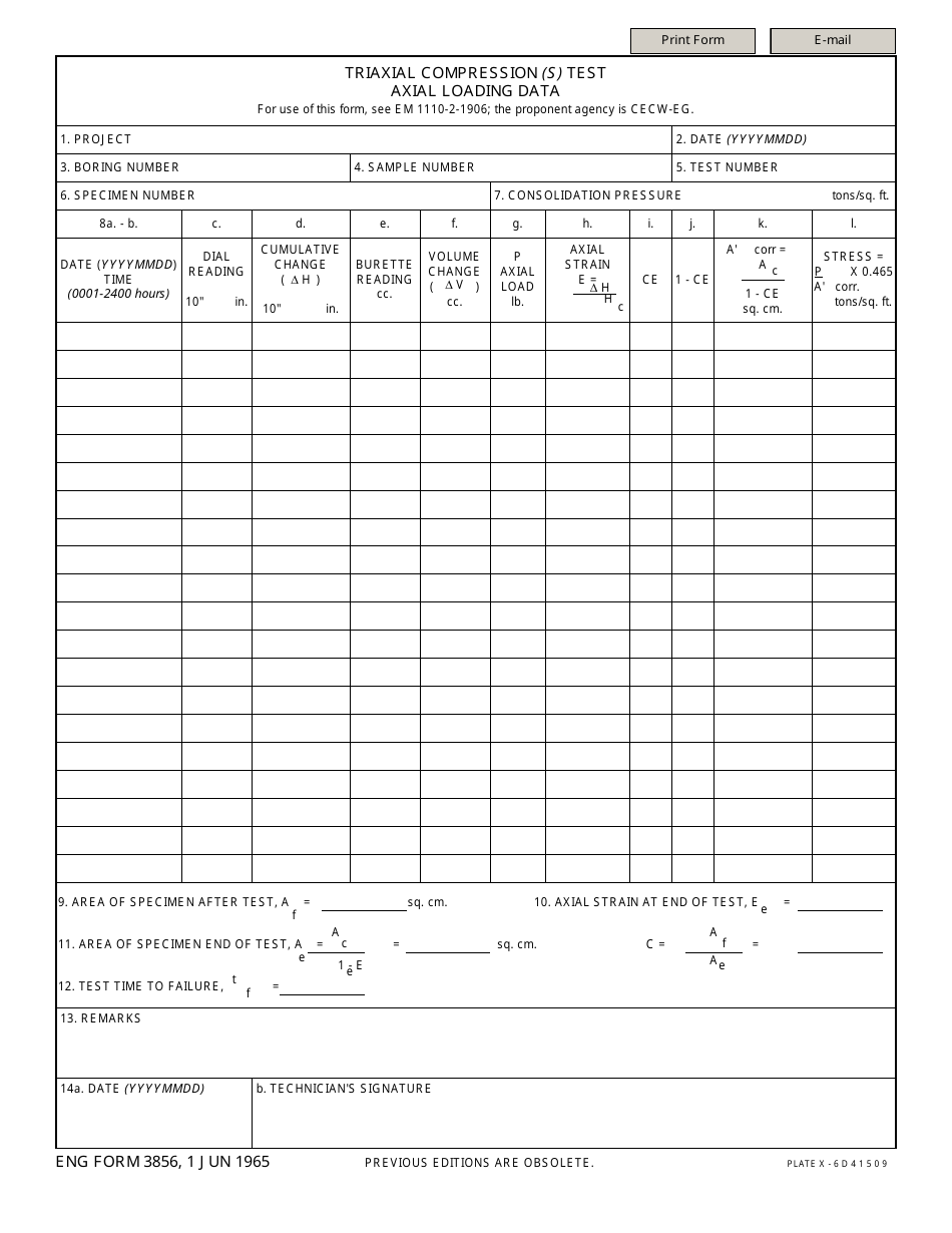 ENG Form 3856 Triaxial Compression (S) Test Axial Loading Data, Page 1