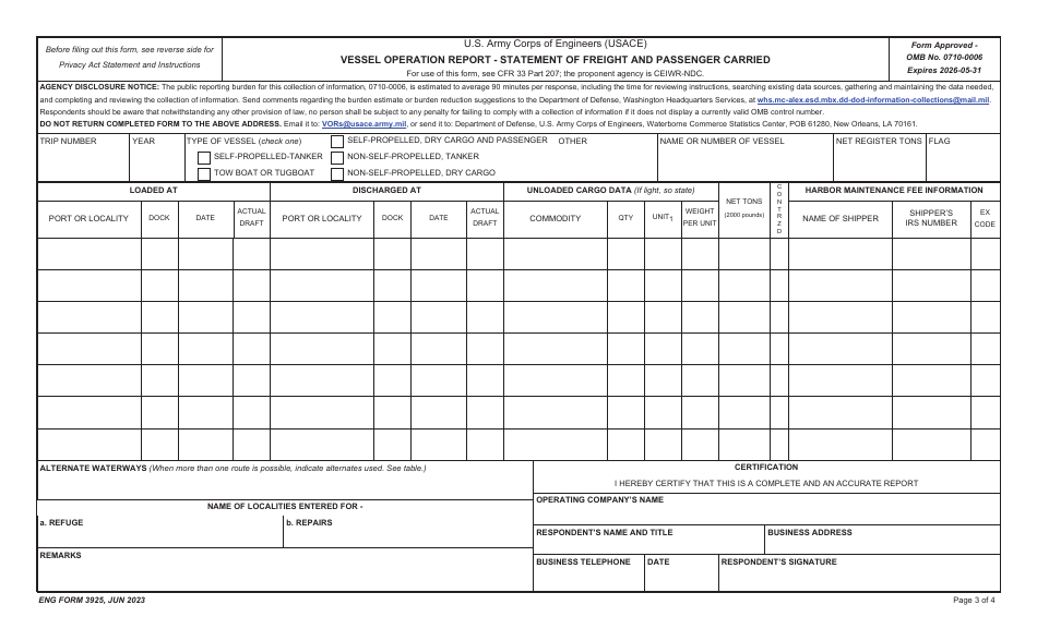 ENG Form 3925 Vessel Operation Report - Statement of Freight and Passenger Carried, Page 3